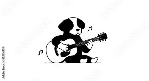 A charming black and white cartoon puppy with floppy ears sitting and playing an acoustic guitar surrounded by musical notes.