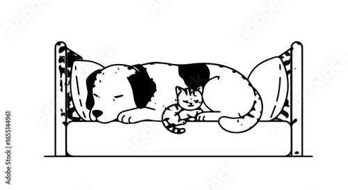 A charming black and white line art illustration of a spotted dog and a striped kitten sleeping peacefully together in a cozy bed.