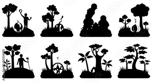 A collection of eight black silhouette icons showing environmental conservation nature and outdoor adventure.