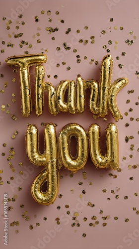 Golden Thank You Balloons With Glitter on Pink Background for Celebrations or...