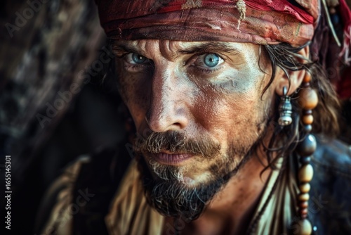 Close up portrait of a pirate with intense blue eyes, wearing a red bandana and showing his dangerous gaze