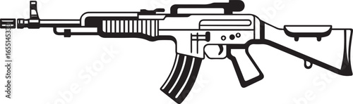 monochrome line art assault weapon vector with precise barrel handguard silhouette for security projects