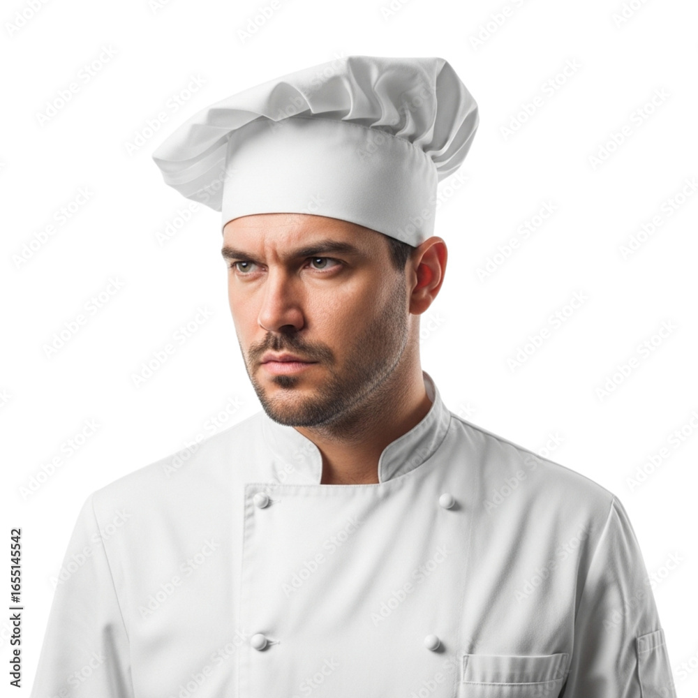 Professional chef portrait serious expression in kitchen uniform and chef hat culinary expert food industry on transparent background Professional chef portrait serious expression in kitchen uniform and chef hat culinary expert food industry on transparent background