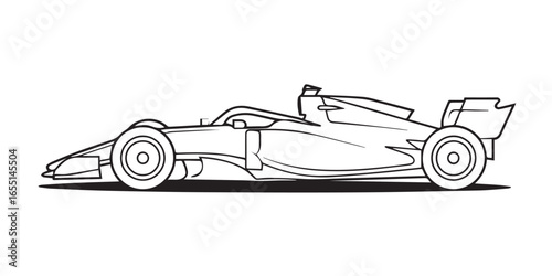 minimalist formula 1 race car illustration in black and white vector format emphasizing sleek lines and aerodynamic
