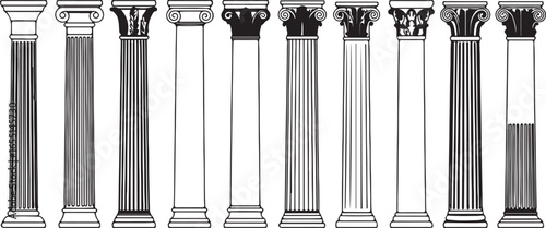 set of nine classical architectural columns vector pack with doric ionic corinthian capitals for design projects