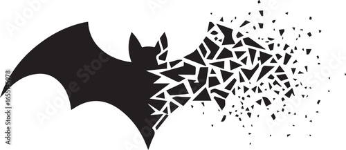 abstract bat symbol disintegration effect with scattered particles and sharp polygons in modern vector illustration