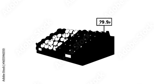 A minimalist black and white illustration of a market fruit stand with a 799p price tag.