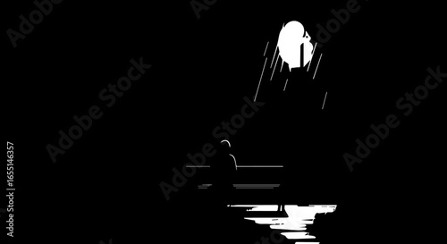 A minimalist black and white illustration of a solitary figure sitting on a pier in the rain watching the moons reflection on the water.