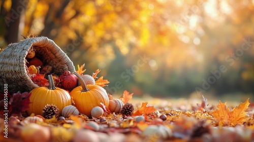 Harvest Basket Filled With Pumpkins and Apples Amidst Colorful Autumn Leaves