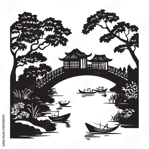 silhouette wooden bridge across the river full black color only