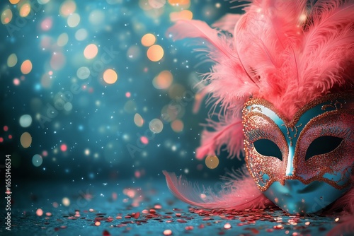 Colorful Mardi Gras Mask With Feathers and Glitter on a Sparkling Background.