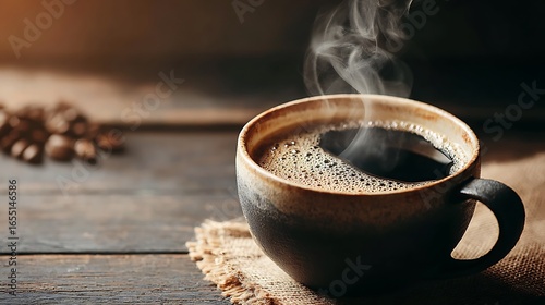 Cozy wooden table with hot coffee cup near window
