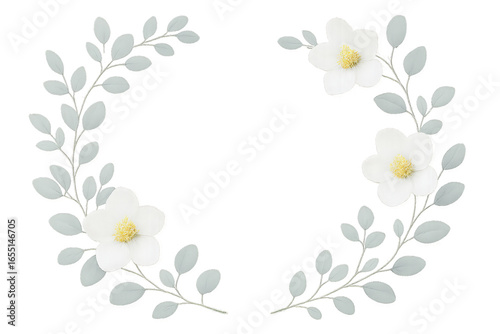 Elegant floral frame with white flowers and silver leaves perfect for invitations and springtime designs on transparent background