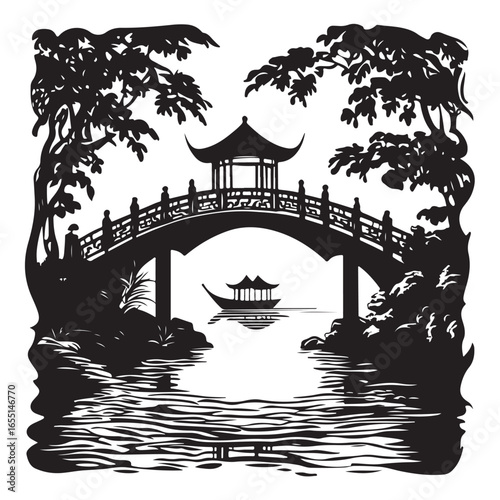 silhouette wooden bridge across the river full black color only