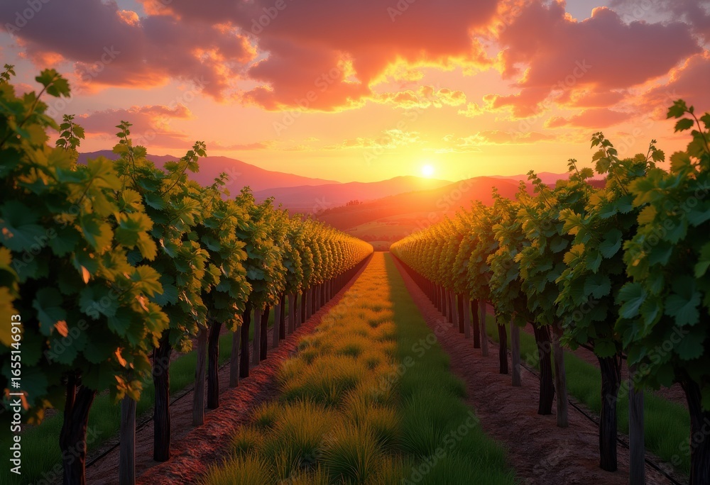Fototapeta premium vibrant vineyard rows sunset glow dramatic colors nature landscape wine grapes fields horizon, silhouette, countryside, harvest, vista, flora, scenery