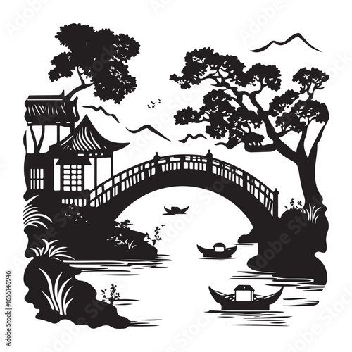silhouette wooden bridge across the river full black color only