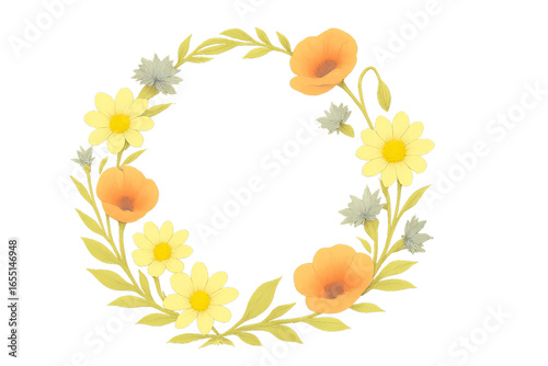 Elegant Floral Wreath with Yellow Daisies and Orange Poppies on Black Background A Delicate Watercolor Illustration for Invitations on Transparent Background