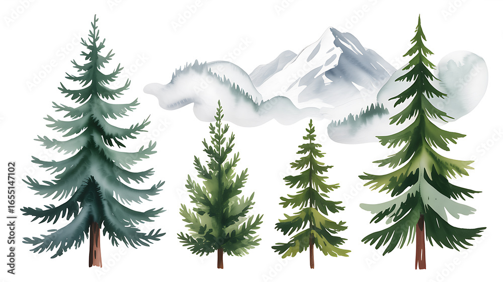 Obraz premium Collection of Watercolor Evergreen Trees and Snowy Mountain Landscape pine