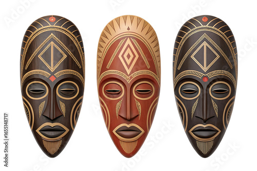 A set of three traditional African tribal masks with intricate geometric patterns, isolated on a white background for cultural design.