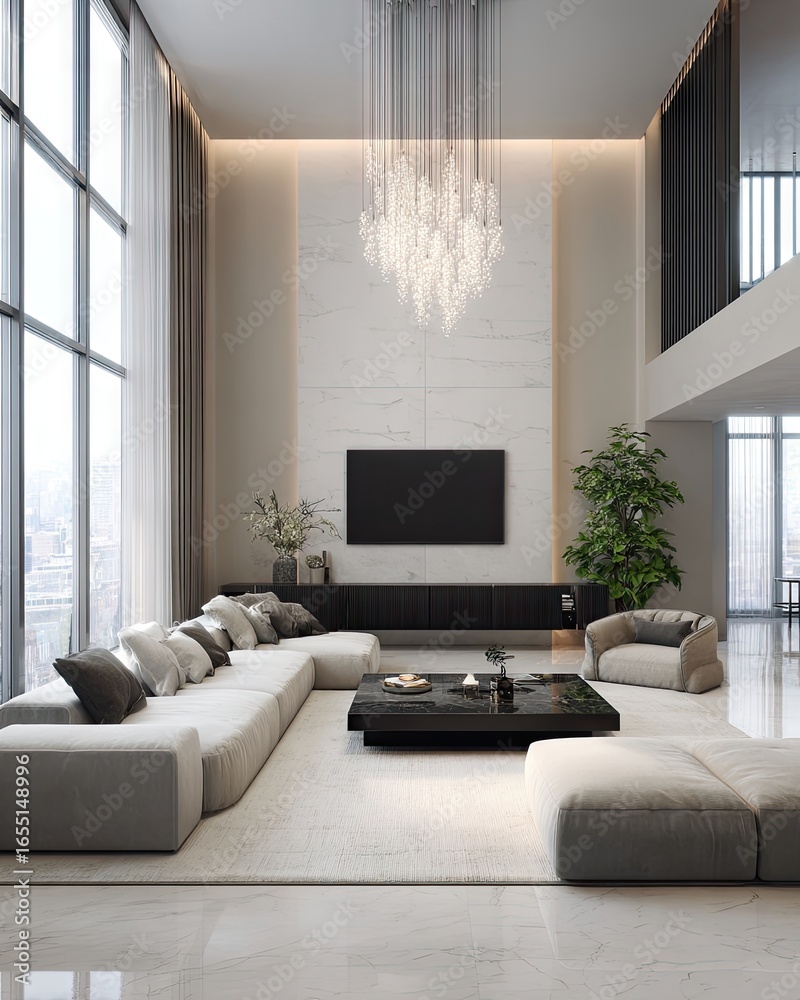 Fototapeta premium Modern, airy living room with large windows and a marble wall