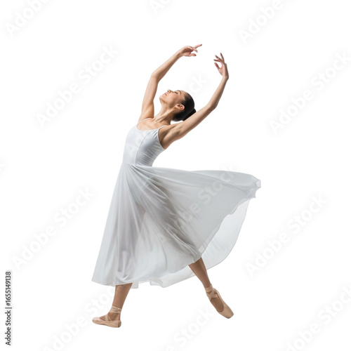 Elegant ballerina dancing in white dress performing ballet moves professional dancer dance studio performance on transparent background