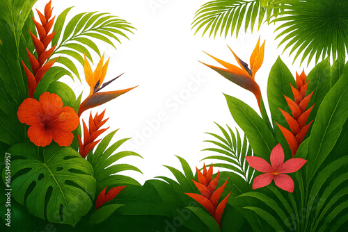 Vibrant Tropical Floral Arrangement with Hibiscus Flowers and Bird of Paradise creating a Lush Exotic Frame for Creative Projects on Transparent Background