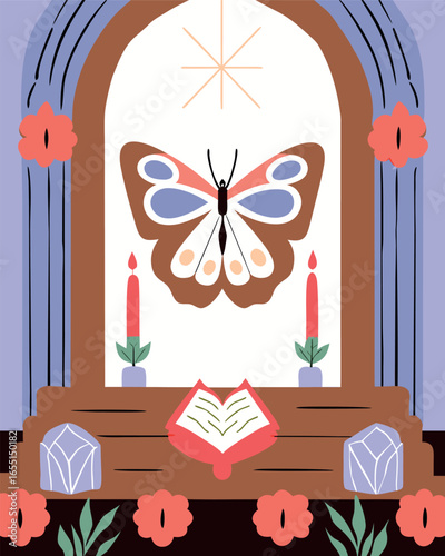 Vector illustration of a window with a butterfly, magic book and crystals