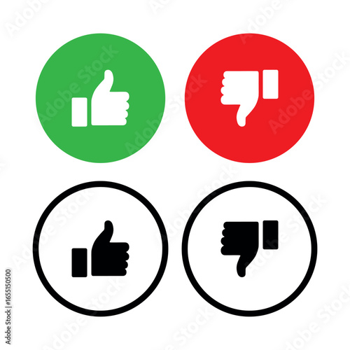 PrintSet of four thumbs up and thumbs down icons in green and red circles, representing approval and disapproval