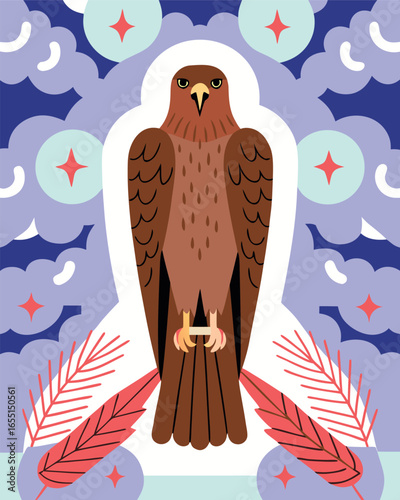 Vector illustration of a bird of prey in a flat style. Cartoon style.