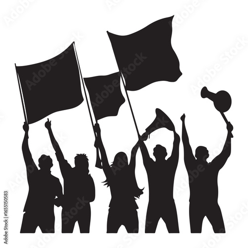 Crowd of people with raised fists and flags protesting or celebrating together