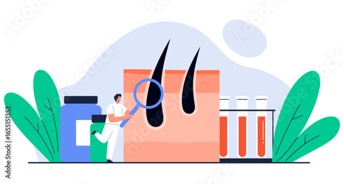 Alopecia and hair loss concept. Doctor examining hair follicle with magnifying glass and medical equipment around. Dermatology, trichology, hair care scene. Isolated vector illustration 
