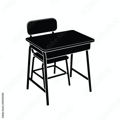  black vector silhouette of a classic school desk with attached chair, rectangular desktop with slightly angled surface