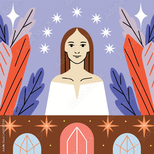 Vector illustration of a girl with long hair on the background of nature.