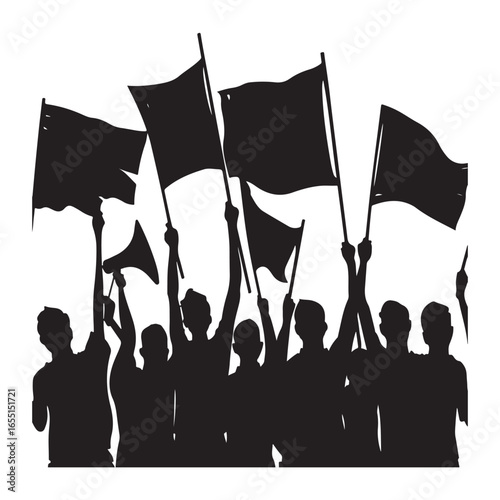 Crowd of people with raised fists and flags protesting or celebrating together