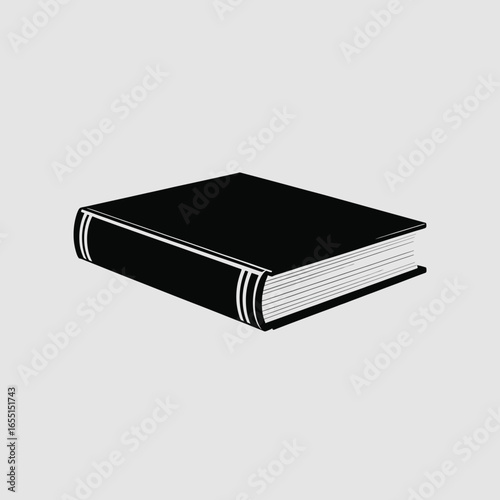 black vector silhouette of a closed hardcover book lying flat, visible spine and cover edges, simple bold shape with clean lines, flat vector style, centered on white background