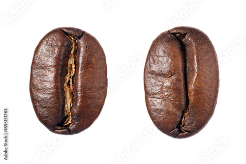 two coffee beans are shown on a white background