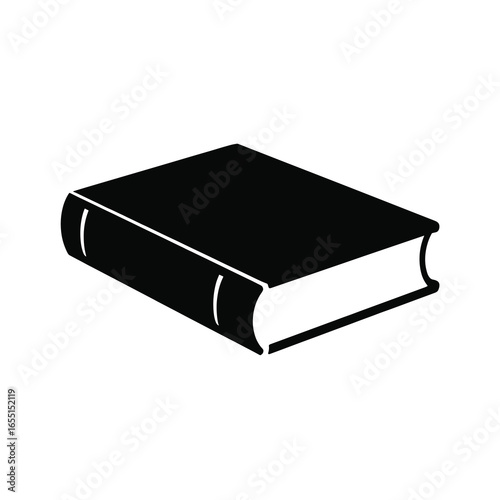 black vector silhouette of a closed hardcover book lying flat, visible spine and cover edges, simple bold shape with clean lines, flat vector style, centered on white background
