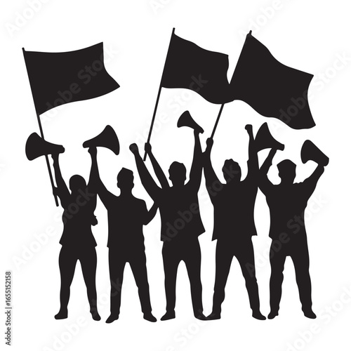 Crowd of people with raised fists and flags protesting or celebrating together