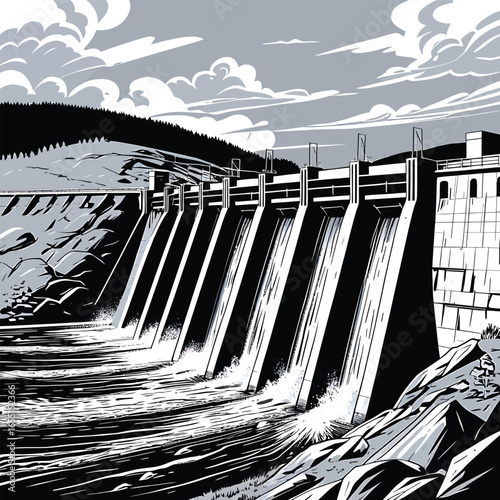 Modern energy power plant with water gate and greenery