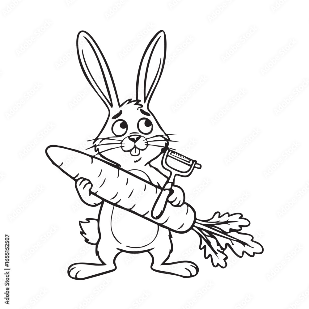 Fototapeta premium Vector art of a cute rabbit is peeling a carrot with a peeler, the rabbit is standing on its hind legs and looking up with a worried expression