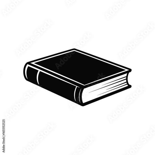 black vector silhouette of a closed hardcover book lying flat, visible spine and cover edges, simple bold shape with clean lines, flat vector style, centered on white background