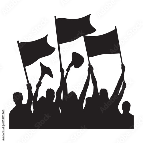 Crowd of people with raised fists and flags protesting or celebrating together