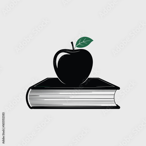black vector silhouette of a closed hardcover book with a neatly stacked apple on top, apple with a single leaf