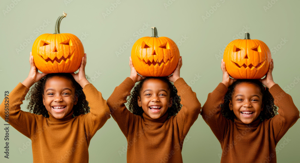 Fototapeta premium Young African American triplets with curly hair, happily holding jack-o-lanterns on their heads and smiling for Halloween