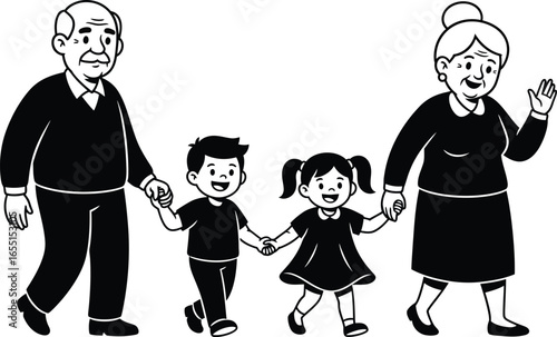 Vector art of happy grandparents walking with grandchildren