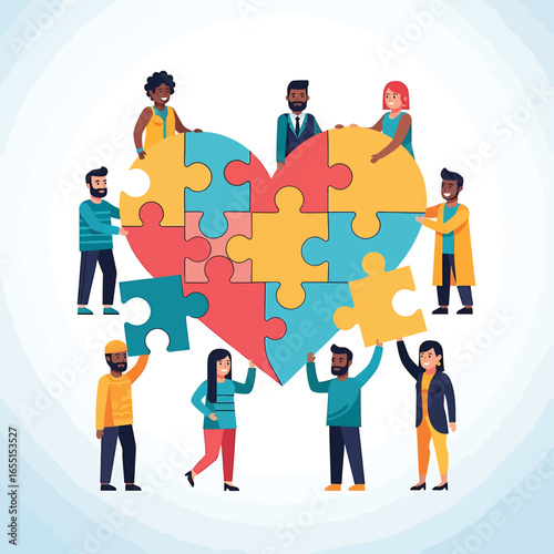 Charitable cause illustration with diverse elements and bold colors