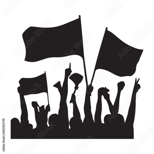 Crowd of people with raised fists and flags protesting or celebrating together
