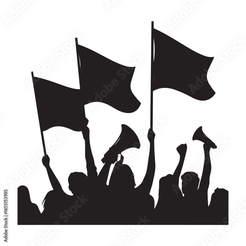 Crowd of people with raised fists and flags protesting or celebrating together