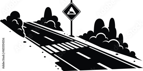 Vector art of steep hill warning sign on a road with a pedestrian crossing