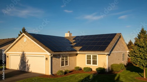 Wallpaper Mural Residential Home with Solar Panels at Sunset - A tan house with a two-car garage features solar panels installed on its roof. Torontodigital.ca